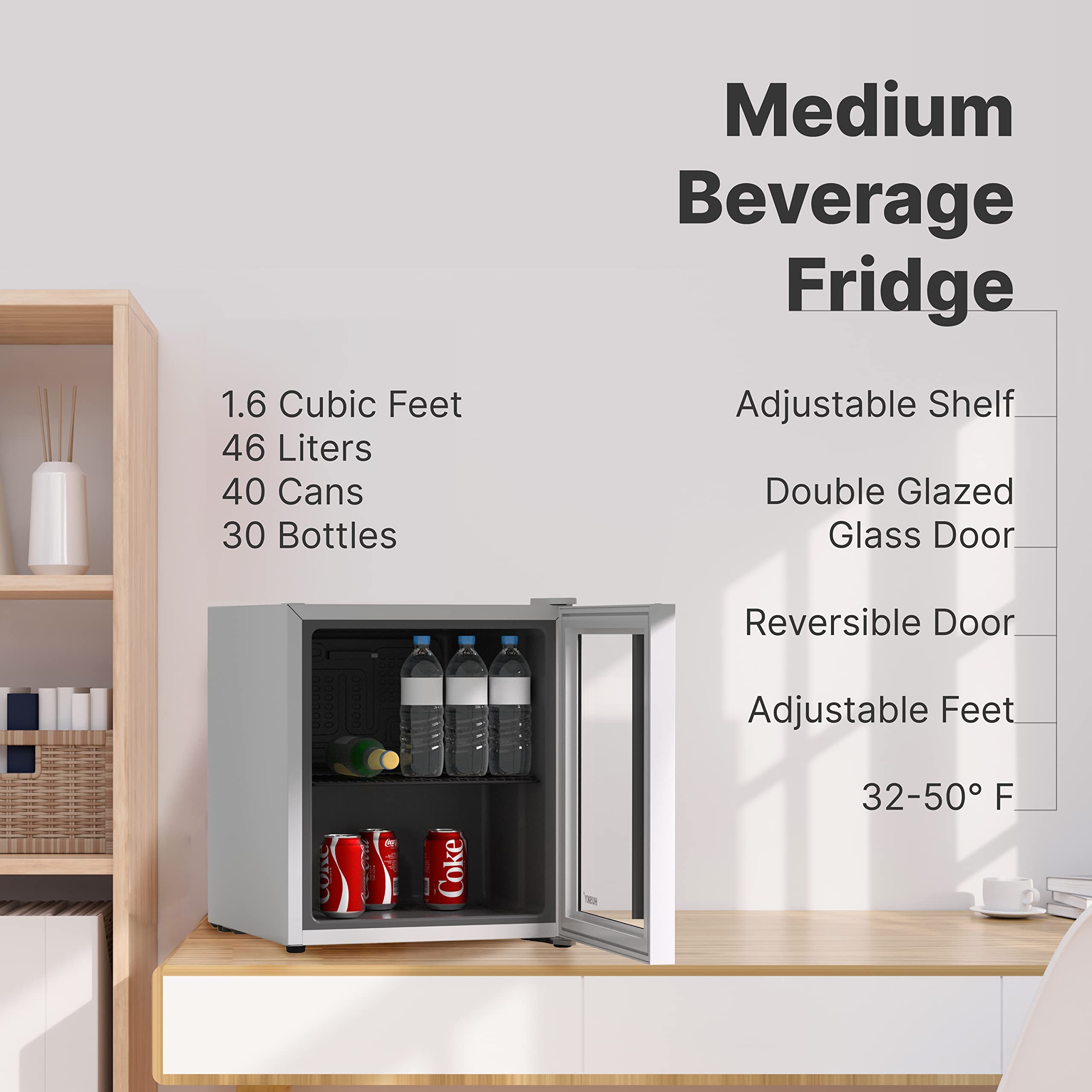 Husky Premium Countertop Mini Fridge, 46L Compact Beverage Refrigerator with 40 Can Capacity, Freestanding Mini Drink Fridge with Reversible Glass Door (White)