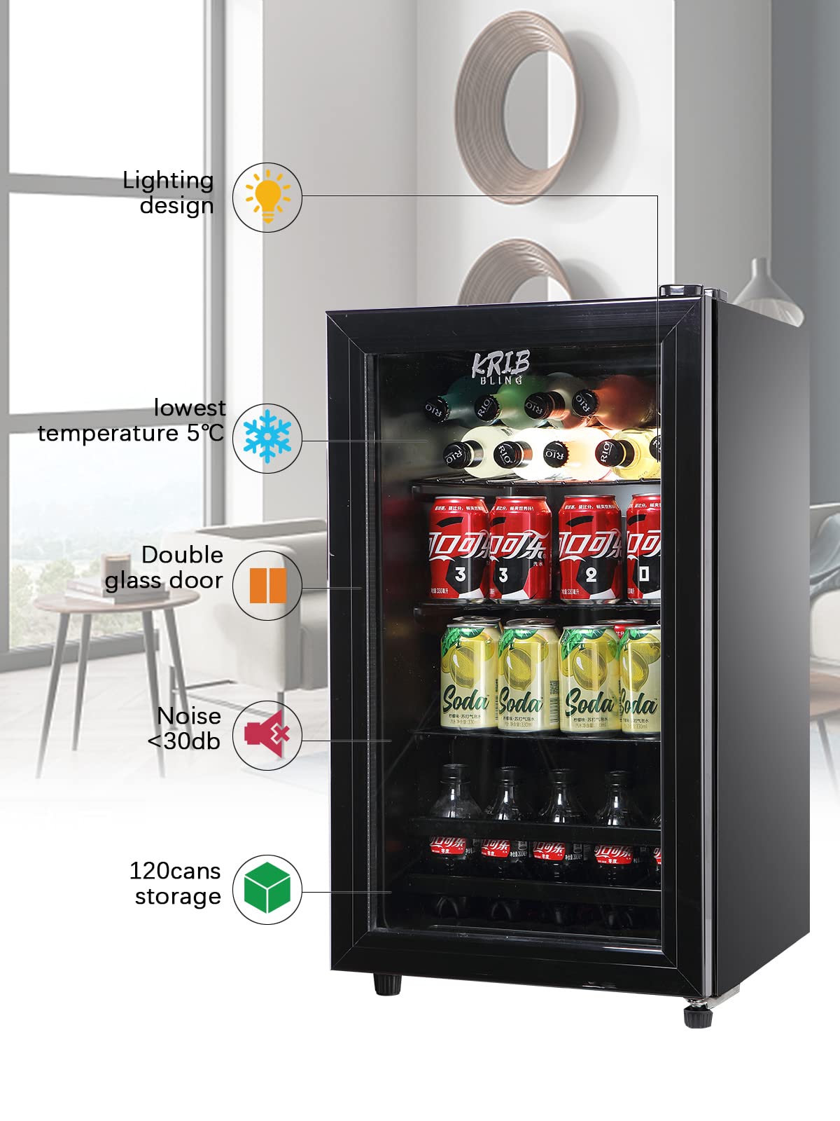 KRIB BLING Beverage Refrigerator and Cooler, 120 Cans Mini Refrigerator for Soda, Water, Beer, Wine, Small Drink Dispenser Machine for Home, Dorm, Office with Adjustable Wire Shelving