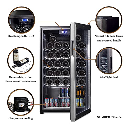 SMETA Wine Cooler Refrigerator 33 Bottles-19 Inch Wine Fridge Cellar Built In & Freestanding with Stainless Steel Glass Door - 3.6 Cu.Ft Wine and Beer Mini Fridge for Home, Office, Kitchen, Bar