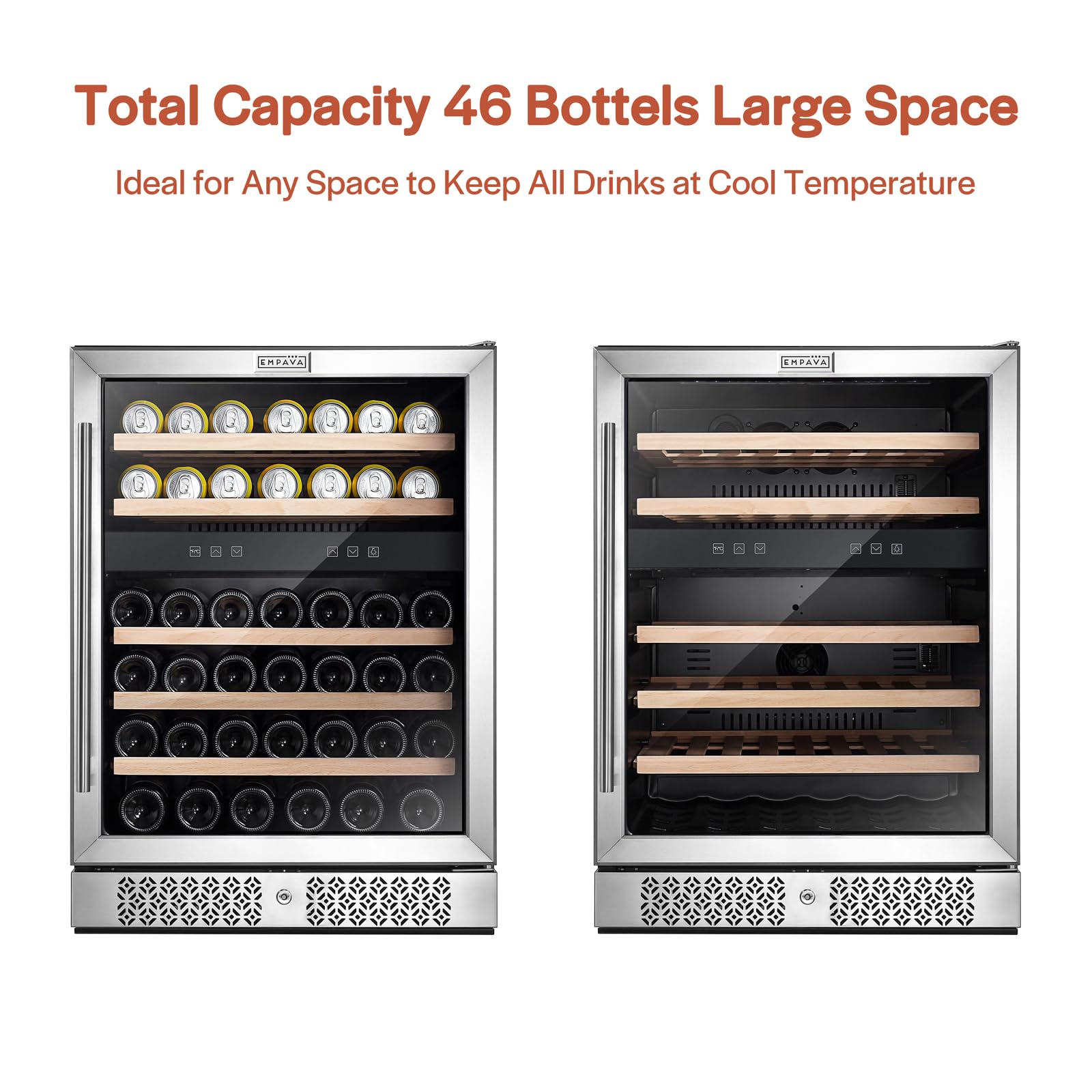 Empava Refrigerator 24 inch Double Zone Fridge for 46 Bottles Built in or Freestanding Compressor Chiller Stainless Steel Glass Door for Home, Office Bar Wine Cooler with Wood Shelves, Silver