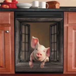 magnetic funny pig dishwasher sticker kitchen cabinet panels,farm window refrigerator door cover sheet,animal fridge manget,home appliances decor decals 23"wx17"h