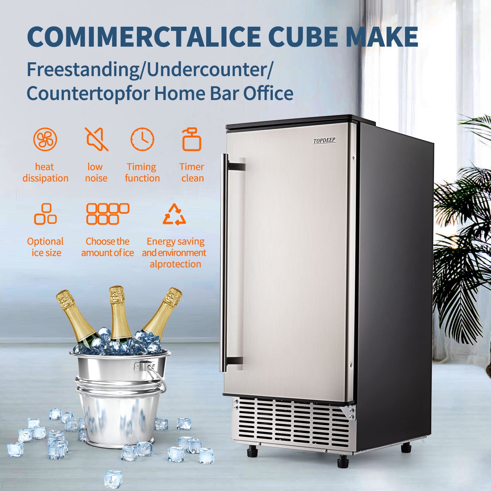 Topdeep Untercounter Commercial Ice Machine, Built-in Ice Maker Machine with 80LBS Per Day, Stainless Steel Commercial Ice Maker, Cold Insulation, Auto Clean, with 29 Pounds Storage Bin