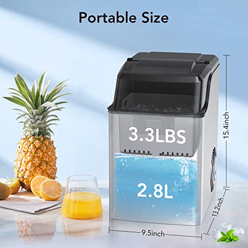 ACONEE Nugget Ice Maker,Stainless Steel Countertop Pebble Ice Maker, 44LBs/24H, Self-Cleaning & Timer Function, Portable Sonic Ice Maker with Ice Basket & Scoop for Home, Bar