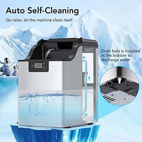 ACONEE Nugget Ice Maker,Stainless Steel Countertop Pebble Ice Maker, 44LBs/24H, Self-Cleaning & Timer Function, Portable Sonic Ice Maker with Ice Basket & Scoop for Home, Bar