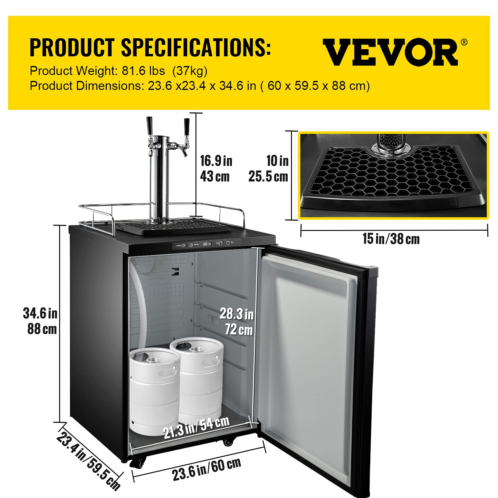 VEVOR Kegerators Beer Dispenser, Full Size Beer Kegerator Refrigerator, Double Taps Direct Draw Beer Dispenser w/LED Display, 23-83℉ Adjustable Dual Kegerator w/Complete Accessories, Black