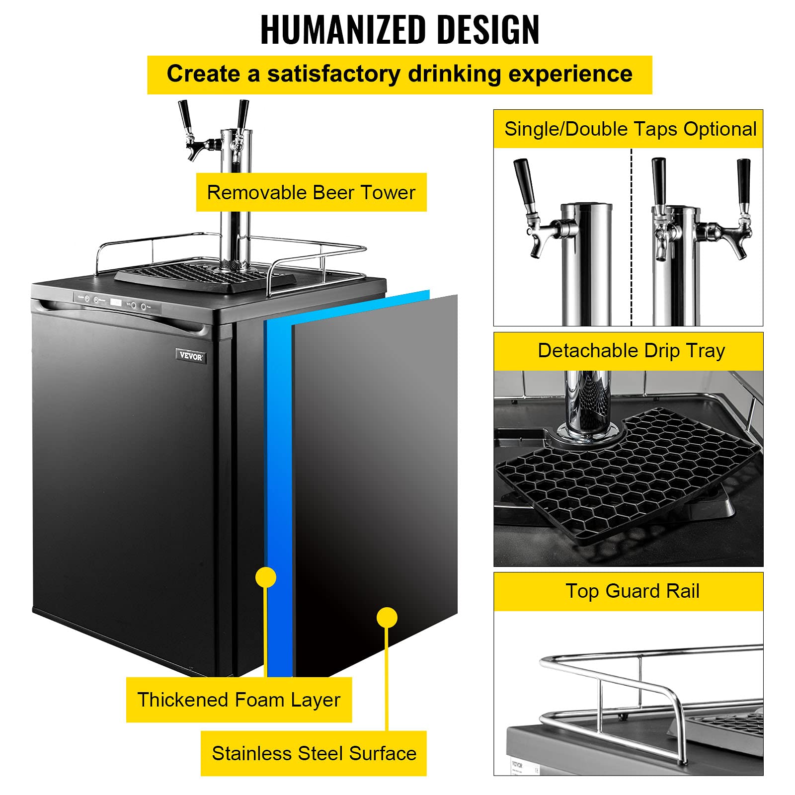 VEVOR Kegerators Beer Dispenser, Full Size Beer Kegerator Refrigerator, Double Taps Direct Draw Beer Dispenser w/LED Display, 23-83℉ Adjustable Dual Kegerator w/Complete Accessories, Black