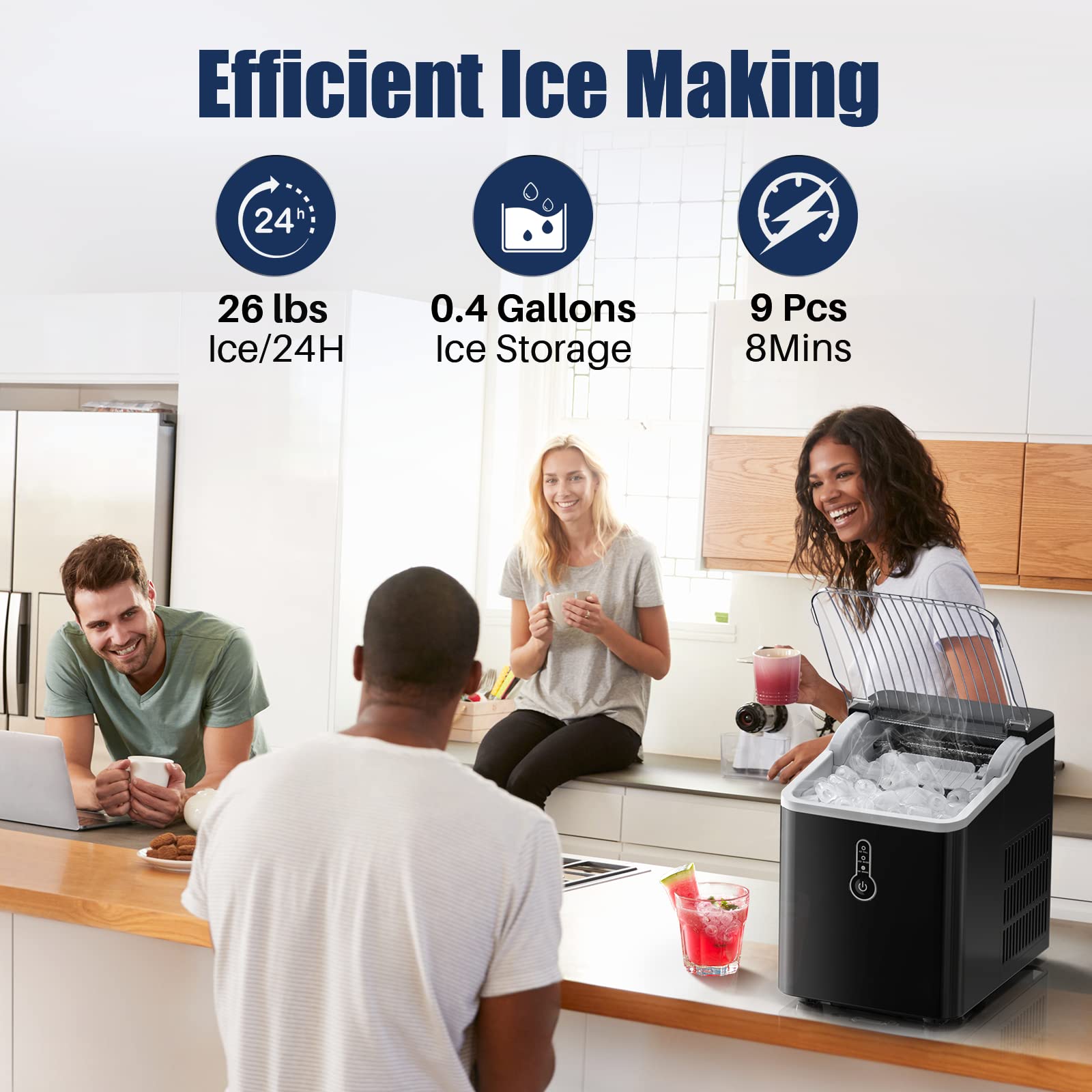 Ice Maker, Portable Ice Maker Countertop with Self-Cleaning, 26lbs/24H, 9 Cubes in 6-8 Mins, Compact Ice Machine with Ice Scoop/Basket, Perfect for Home/Party/Camping/Bar