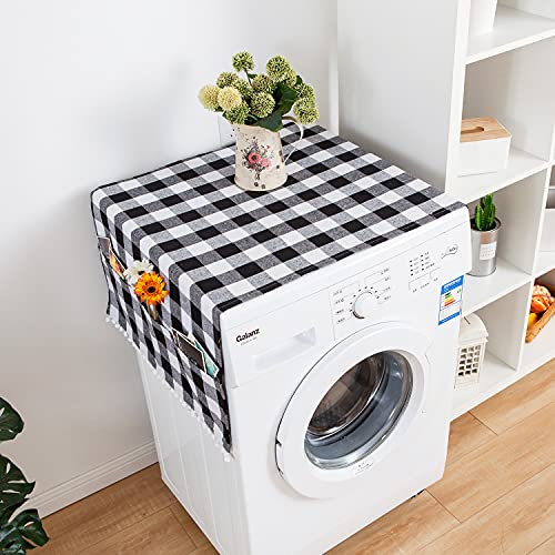 Dezapuby Dust-Proof Refrigerator Cover Cotton Washing Machine Top Protector with Side Storage Bags Universal Cover Cloth for Home and Kitchen (Black-White grids)