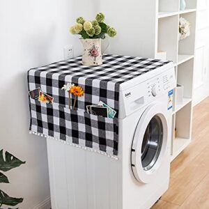 Dezapuby Dust-Proof Refrigerator Cover Cotton Washing Machine Top Protector with Side Storage Bags Universal Cover Cloth for Home and Kitchen (Black-White grids)