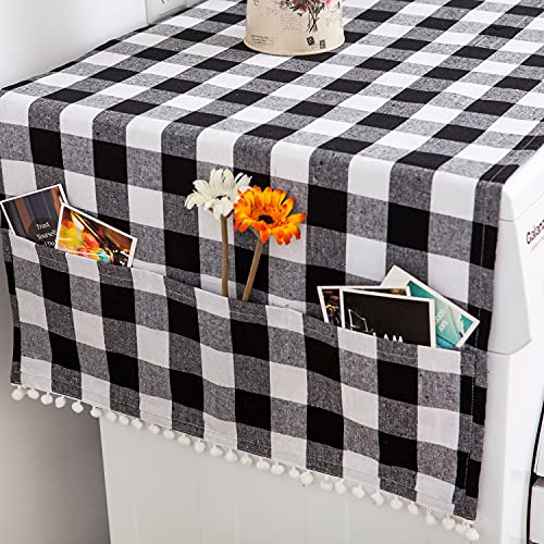 Dezapuby Dust-Proof Refrigerator Cover Cotton Washing Machine Top Protector with Side Storage Bags Universal Cover Cloth for Home and Kitchen (Black-White grids)