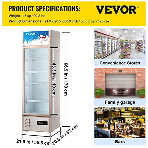 VEVOR Commercial Refrigerator,Display Fridge Upright Beverage Cooler, Glass Door with LED Light for Home, Store, Gym or Office, (8 cu.ft. Single Swing Door)