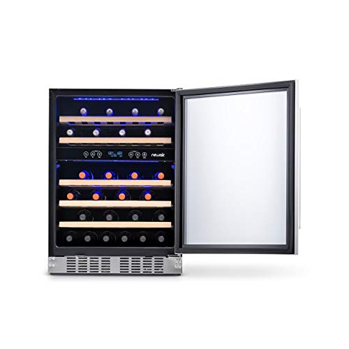 NewAir 24” 46 Wine Bottle Cooler | Dual Zone Cooling 40-66 Degrees Wine Fridge | Stainless Steel With Quiet Compressor And Removable Beech Wood Shelves NWC046SS01