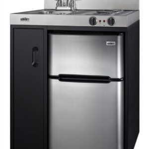 Summit Appliance C30ELBK 30" Wide All-in-One Kitchenette in Black with a 2-Burner 115V Coil Cooktop, 2-Door Refrigerator-Freezer, Sink, and Large Storage Cabinet