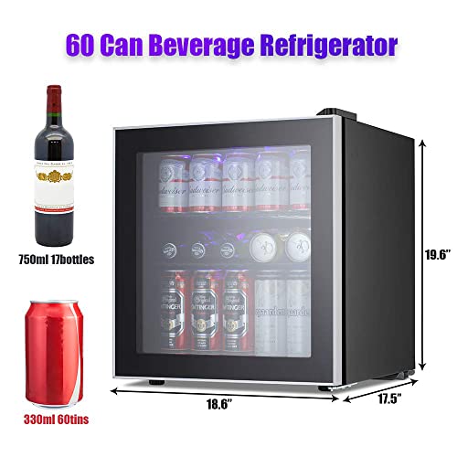 Kismile 1.6 Cu.ft Beverage Refrigerator and Cooler,60 Can Mini Fridge with Glass Door for Soda Beer or Wine,Small Drink Cooler Dispenser Counter Top Refrigerator for Home,Office,or Bar (Transparent)