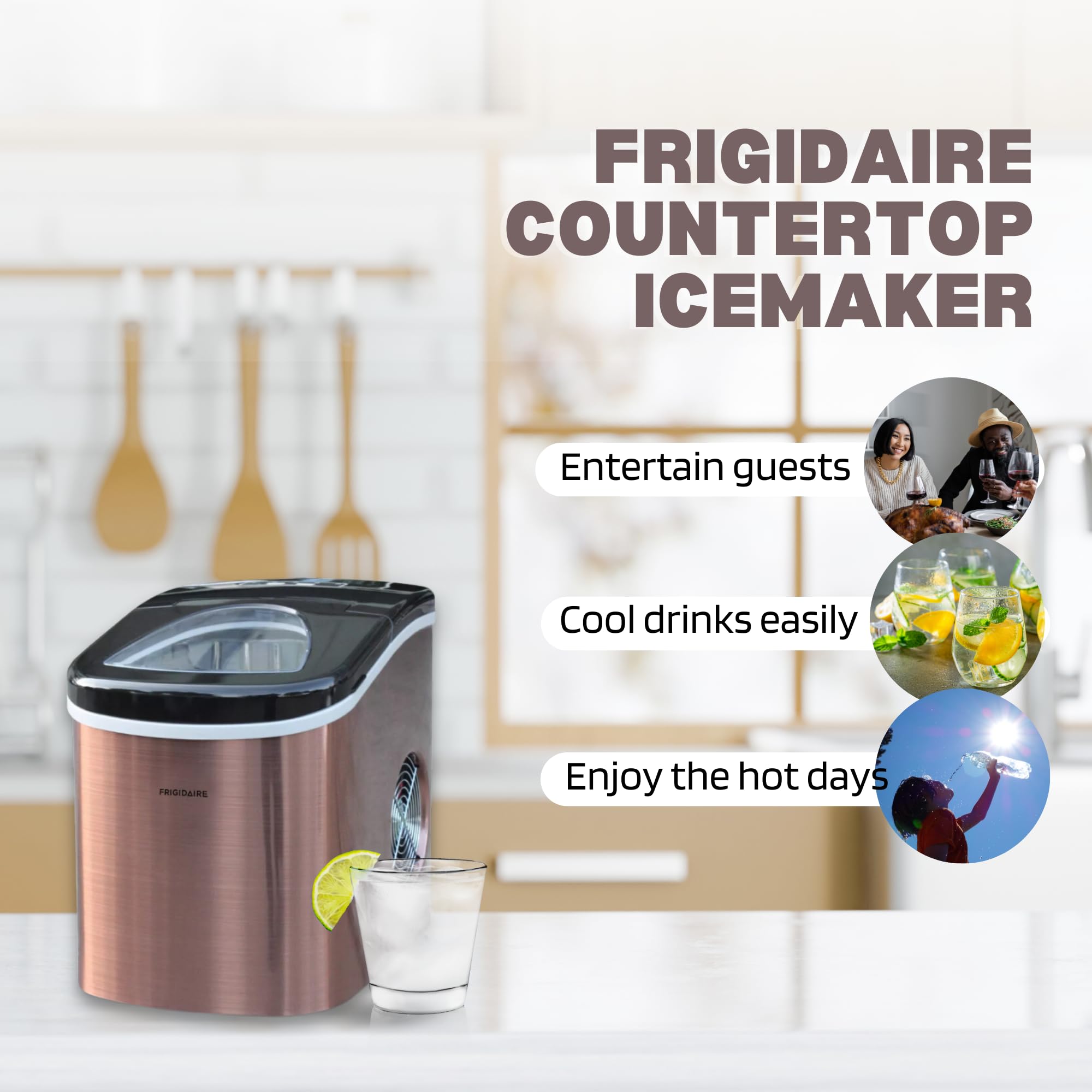 FRIGIDAIRE - Stainless Steel Countertop Ice Maker Machine with 26 lb Capacity | Ice Machine Makes 9 Cubes Every 7-15 Minutes | Portable Ice Maker for Countertop with Ice Shovel & Drain Plug