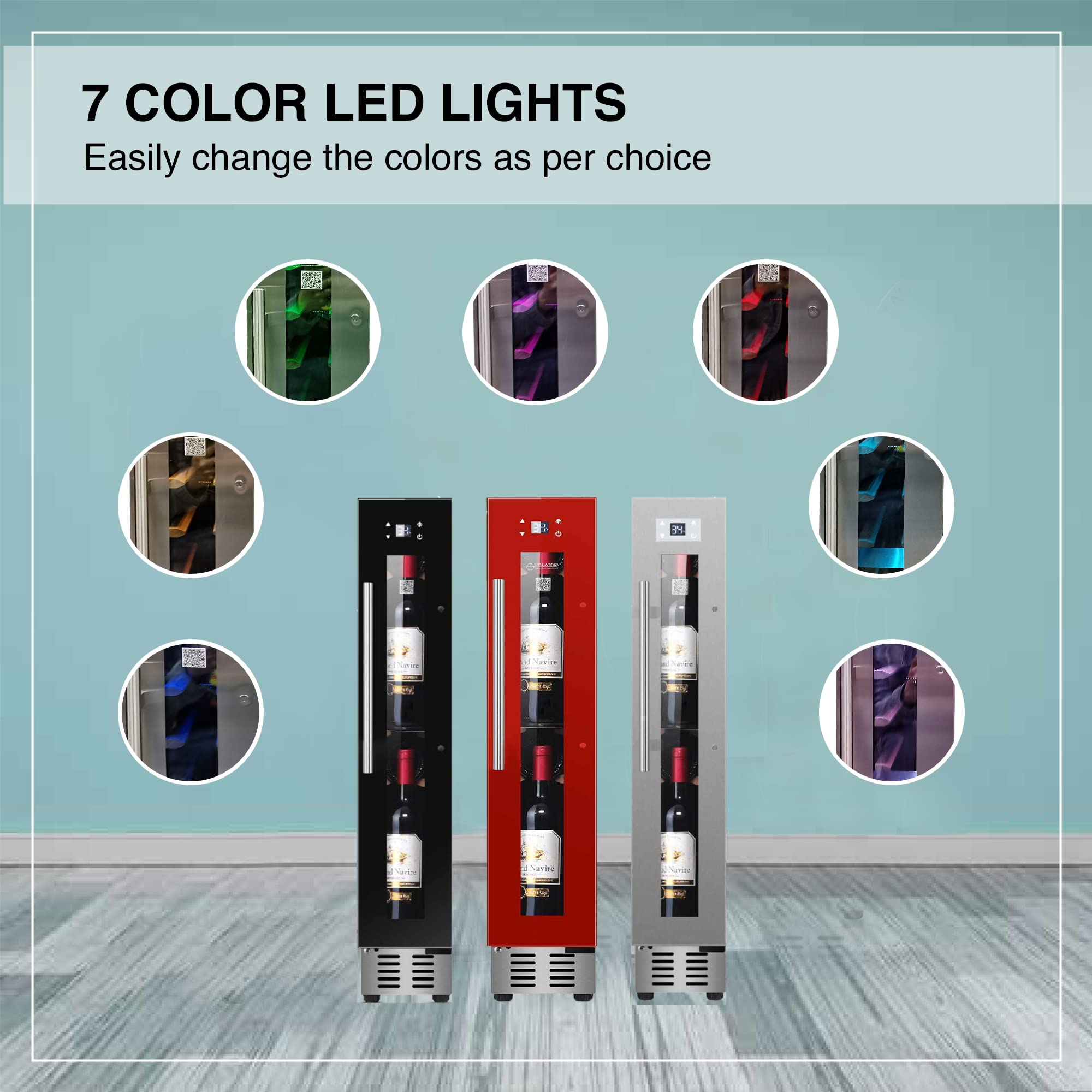 EQUATOR 9 bottle Built-in/Freestanding Wine Ref with 7 color LED Lights (Stainless)