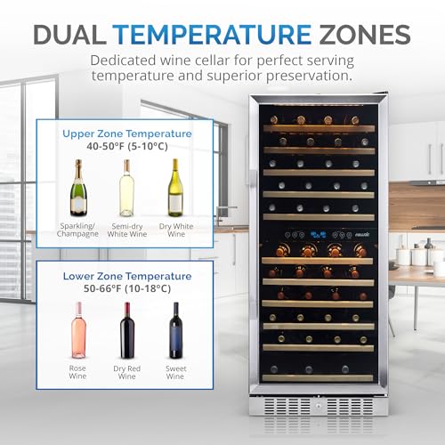 Newair 24" Wine Cooler Refrigerator, Large 116 Bottle Built-in or Freestanding Dual Zone Wine Cellar in Stainless Steel with Precision Thermostat, Full Extension Beechwood Shelves