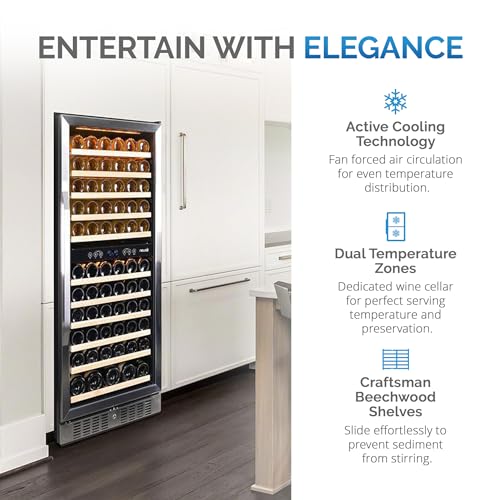 Newair 24" Wine Cooler Refrigerator, Large 116 Bottle Built-in or Freestanding Dual Zone Wine Cellar in Stainless Steel with Precision Thermostat, Full Extension Beechwood Shelves