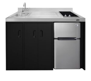 summit appliance ck54sinkl 54 wide all-in-one kitchenette, stainless steel sink and faucet, 2-door refrigerator-freezer, 2-burner smooth-top cooktop, storage compartments, 115v operation, black