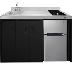 Summit Appliance CK54SINKL 54 Wide All-In-One Kitchenette, Stainless Steel Sink and Faucet, 2-door Refrigerator-freezer, 2-burner Smooth-top Cooktop, Storage Compartments, 115V Operation, Black