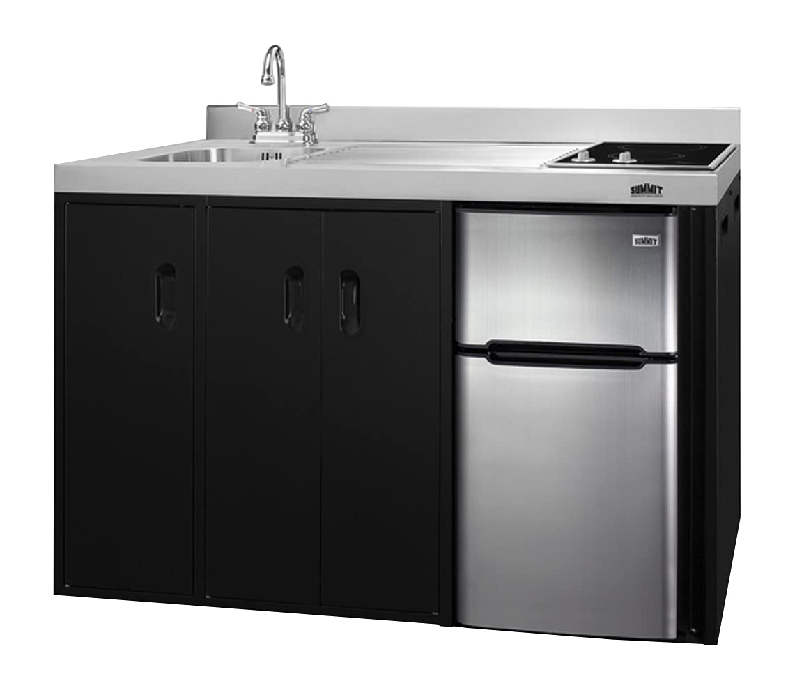 Summit Appliance CK54SINKL 54 Wide All-In-One Kitchenette, Stainless Steel Sink and Faucet, 2-door Refrigerator-freezer, 2-burner Smooth-top Cooktop, Storage Compartments, 115V Operation, Black