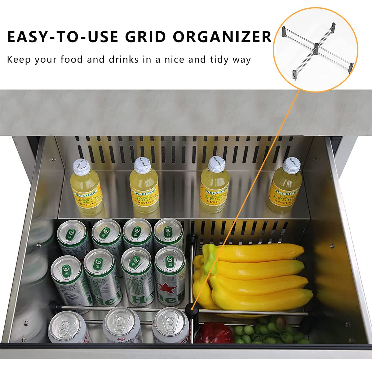 Eficentline 24 inch Weather Proof Design Indoor and Outdoor Under Counter Drawer Fridge, Built-in Beverage Under Cabinet Refrigerator for Home and Commercial Use, Stainless Steel