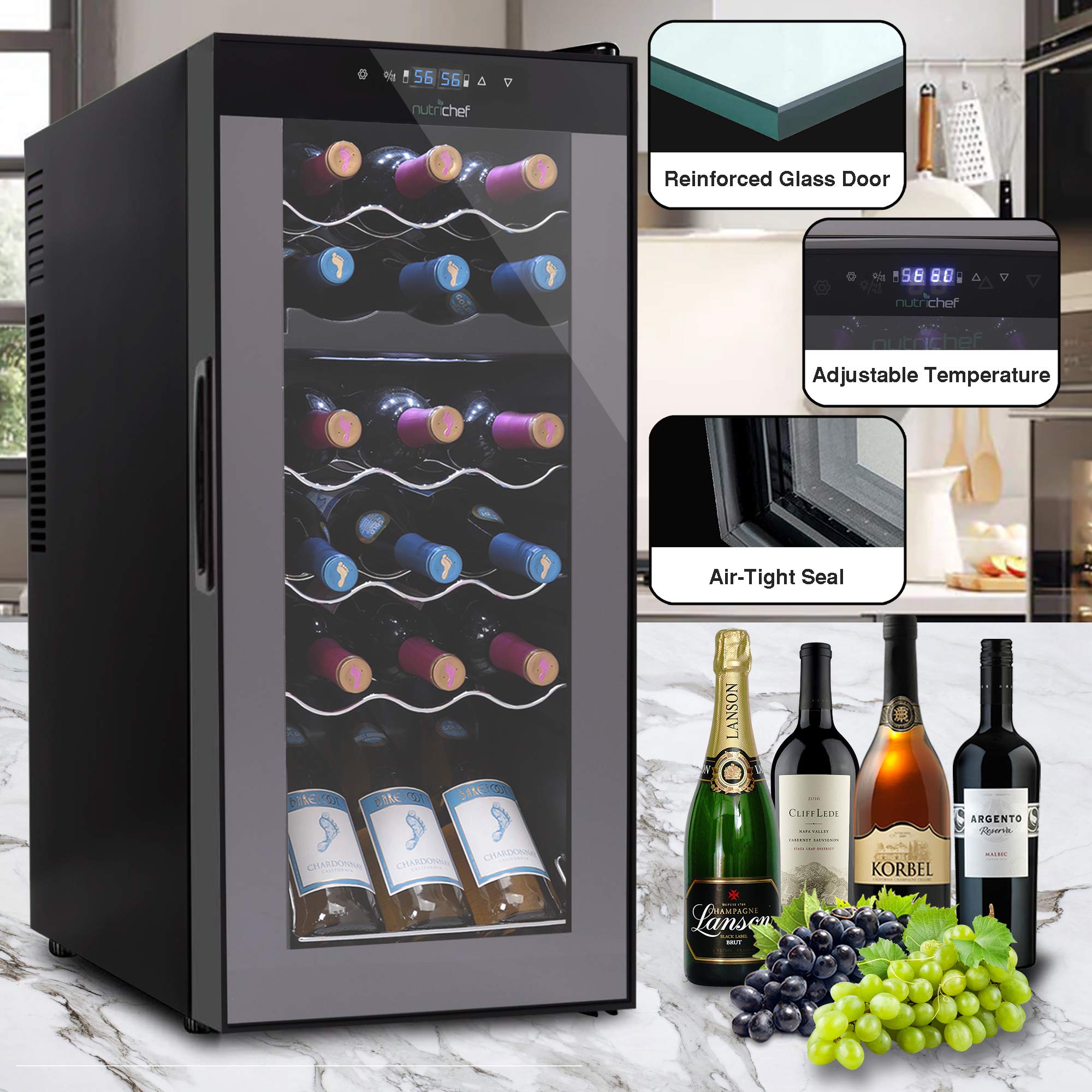 NutriChef PKCWCDS188 Cellar Cooler for White and Red Wines Chiller, 18 Bottle Dual Zone-Black