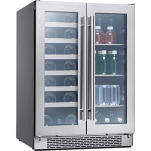 zephyr 24" wine fridge & beverage refrigerator dual zone under counter - mini wine cooler cellars small beer fridge cabinet drink chiller freestanding with french glass door for 21 bottles & 64 cans