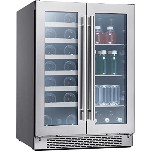 Zephyr 24" Wine Fridge & Beverage Refrigerator Dual Zone Under Counter - Mini Wine Cooler Cellars Small Beer Fridge Cabinet Drink Chiller Freestanding with French Glass Door for 21 Bottles & 64 Cans