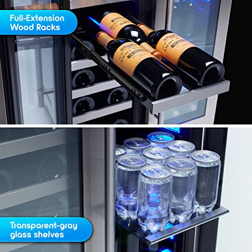 Zephyr 24" Wine Fridge & Beverage Refrigerator Dual Zone Under Counter - Mini Wine Cooler Cellars Small Beer Fridge Cabinet Drink Chiller Freestanding with French Glass Door for 21 Bottles & 64 Cans