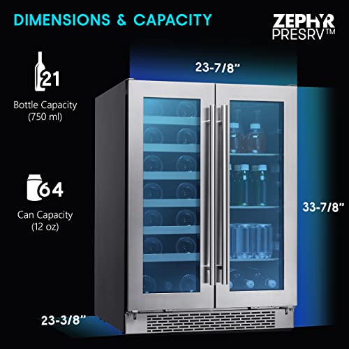 Zephyr 24" Wine Fridge & Beverage Refrigerator Dual Zone Under Counter - Mini Wine Cooler Cellars Small Beer Fridge Cabinet Drink Chiller Freestanding with French Glass Door for 21 Bottles & 64 Cans