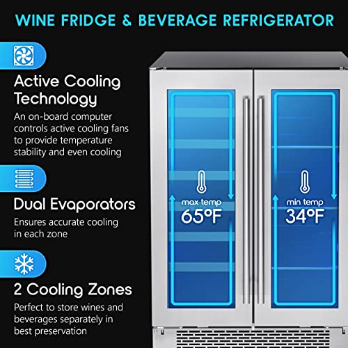 Zephyr 24" Wine Fridge & Beverage Refrigerator Dual Zone Under Counter - Mini Wine Cooler Cellars Small Beer Fridge Cabinet Drink Chiller Freestanding with French Glass Door for 21 Bottles & 64 Cans