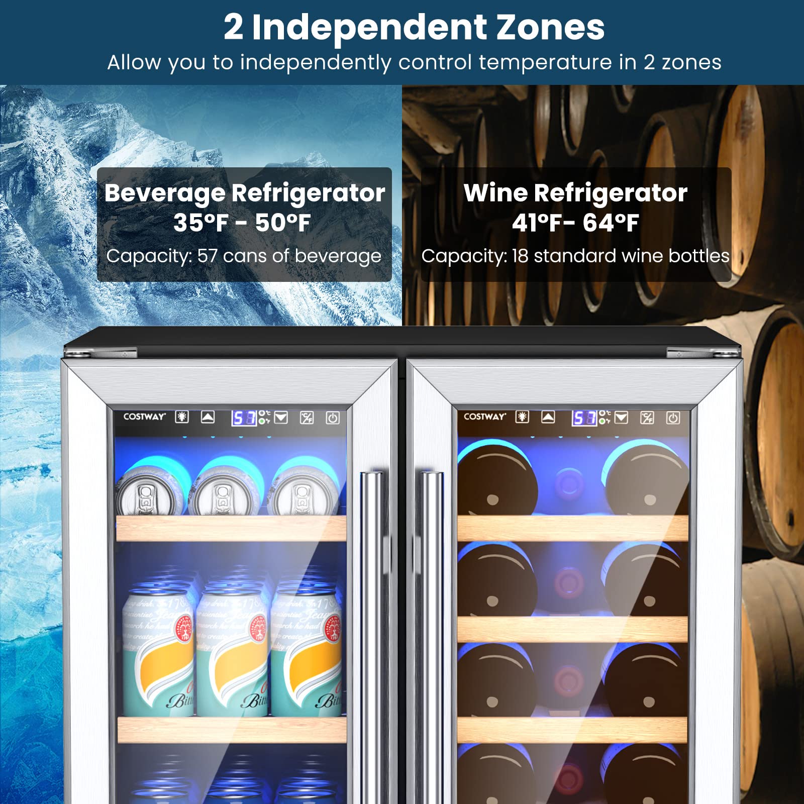 COSTWAY 24 Inch Wine and Beverage Refrigerator, Dual Zone 19 Bottles and 57 Cans Wine Cooler, Under Counter Wine Fridge with Lock, Built-In Freestanding Beverage Fridge for Beer Soda Drink