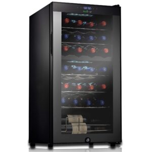 nutrichef pkcwcds285 compressor cooler refrigerator cooling system | large freestanding wine cellar fridge for red white champagne or sparkling, glass door, 28 bottle dual zone-black