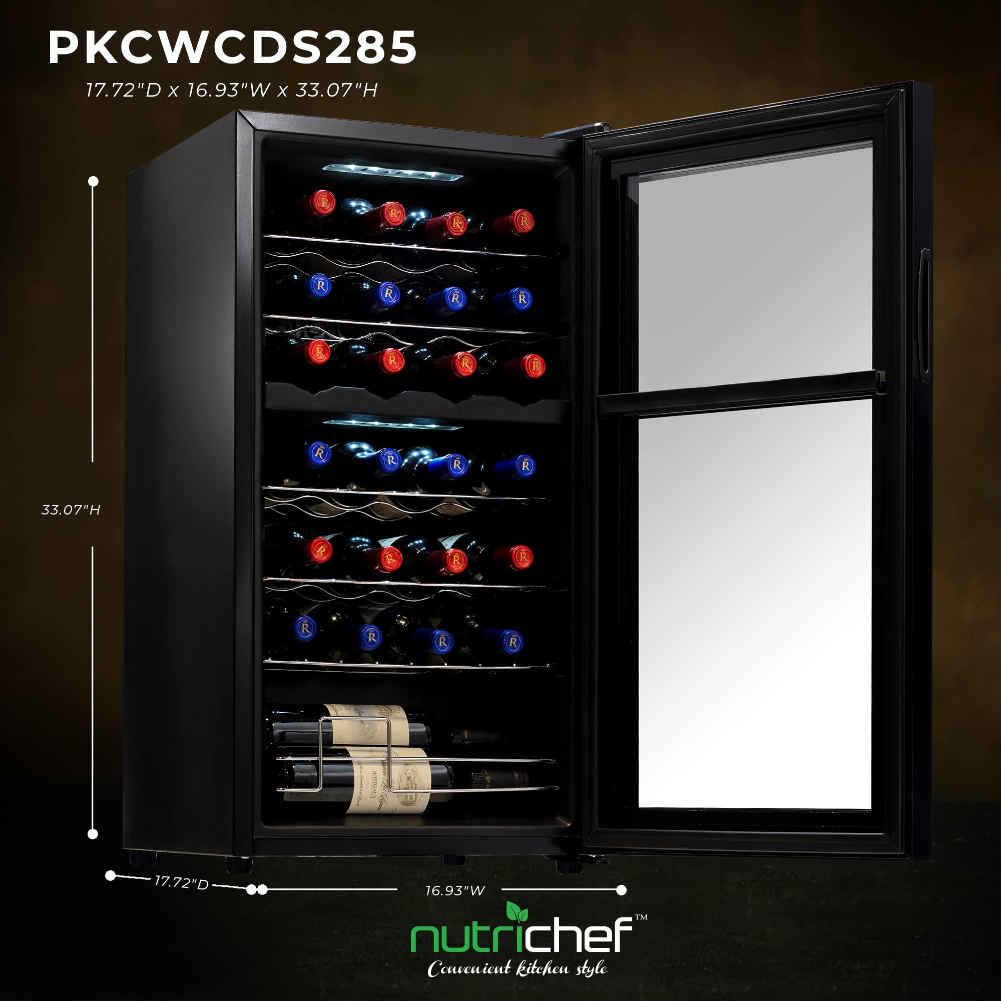 NutriChef PKCWCDS285 Compressor Cooler Refrigerator Cooling System | Large Freestanding Wine Cellar Fridge For Red White Champagne or Sparkling, Glass Door, 28 Bottle Dual Zone-Black