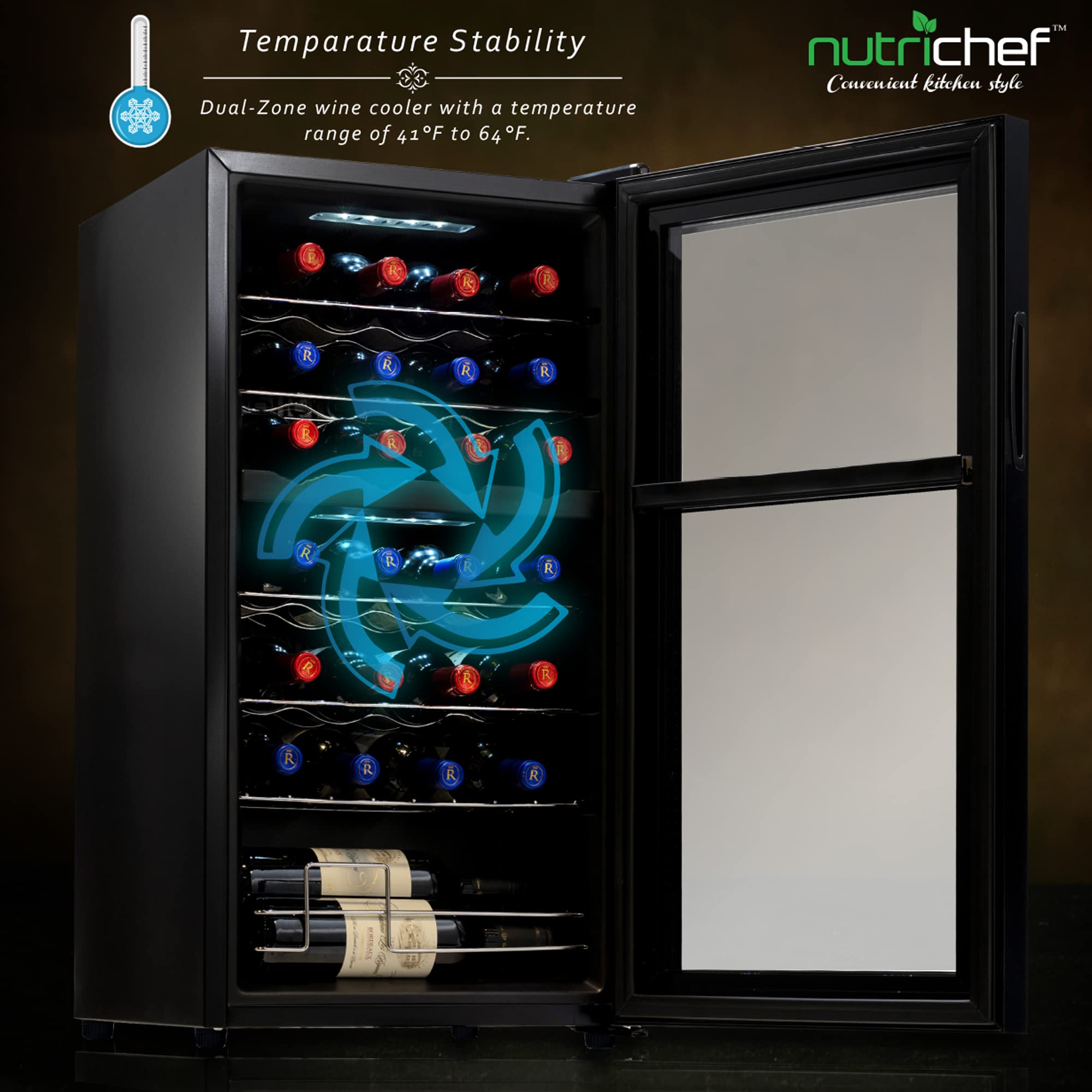 NutriChef PKCWCDS285 Compressor Cooler Refrigerator Cooling System | Large Freestanding Wine Cellar Fridge For Red White Champagne or Sparkling, Glass Door, 28 Bottle Dual Zone-Black