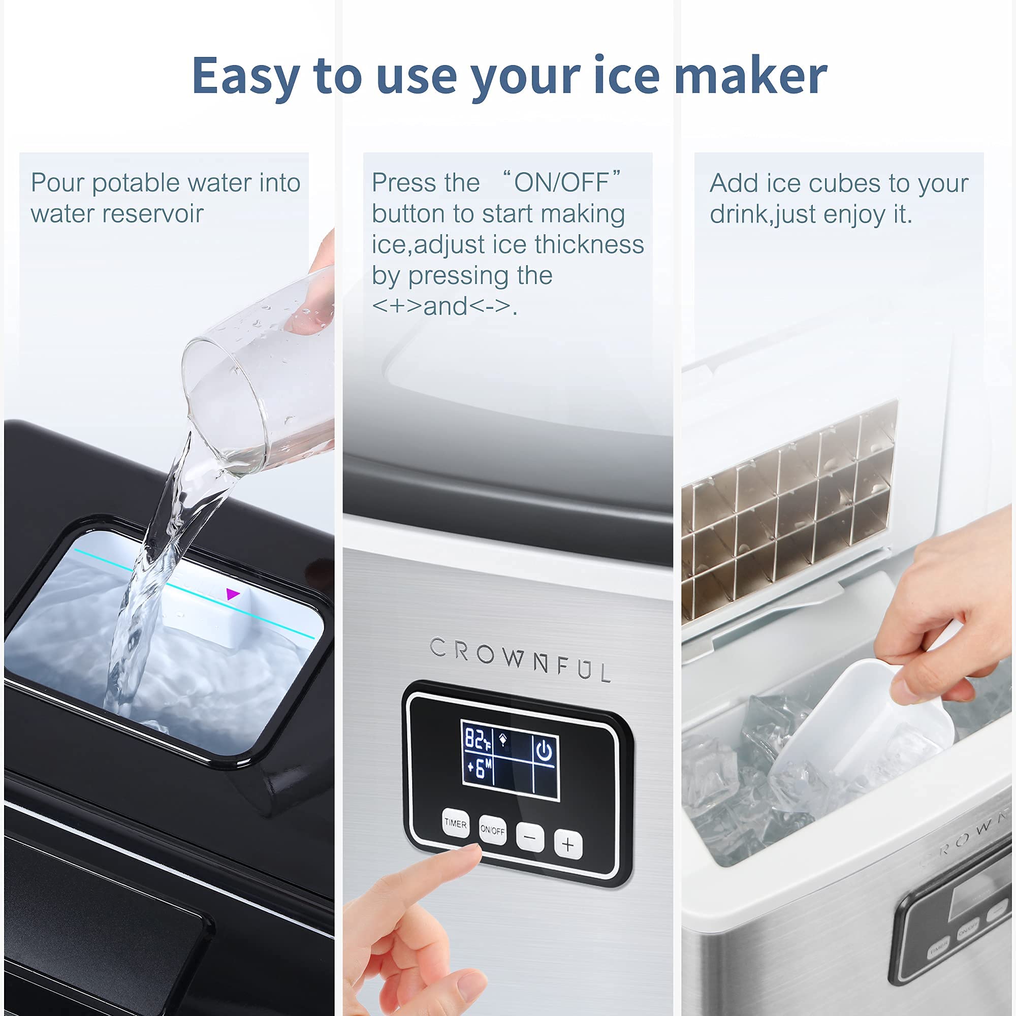 CROWNFUL Ice Maker Machine Countertop, 40LBS/24H, 24 Clear Ice Cubes in 13 Mins, Auto Self-Cleaning, LCD Display, Compact Portable Ice Maker with Scoop and Basket for Home/Office/Kitchen/Bar