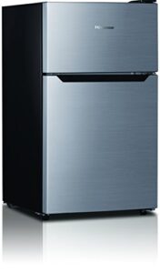 hisense rt33d6bae compact refrigerator with double door top mounted freezer, 3.3 cu. ft, stainless silver
