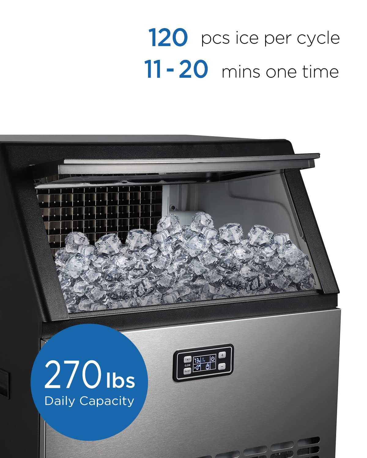 ADT Ice Mahcine Stainless Steel Under Counter Freestanding Commercial Ice Maker Machine for Home/Kitchen/Office/Restaurant/Bar/Coffee (270LB, Single-Water Inlet)