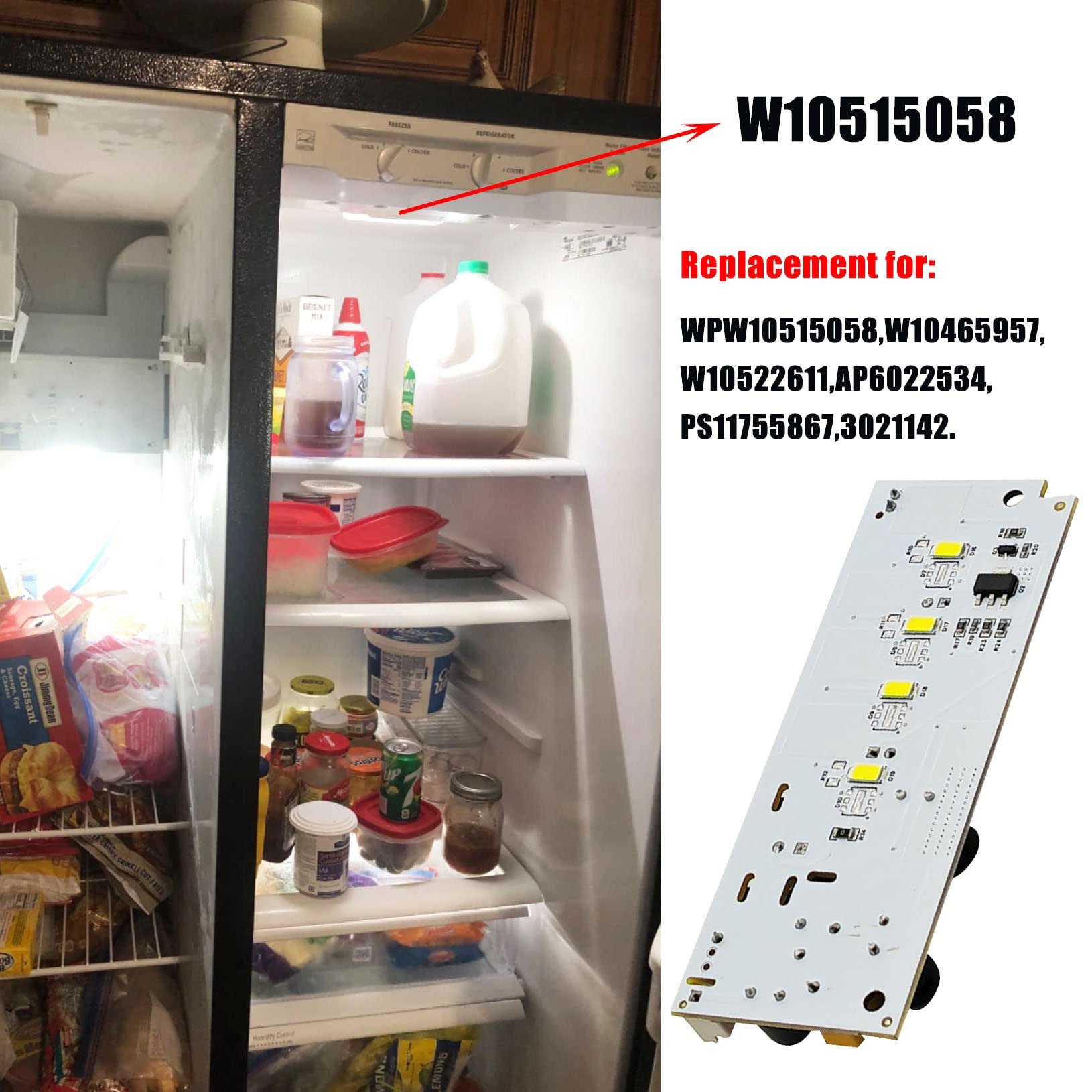 Bydorunce W10515057 W10515058 Refrigerator LED Light Driver Replacement for Refrigerator Freezer LED Light Part No Plastic Cover (2pcs W10515057 Side Light + 1pcs W10515058 Main Light)