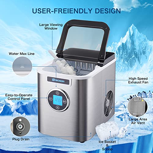 Ice Maker Machine for Countertop with Automatic Self-Cleaning, 9 Bullet Ice Cube Ready in 7-9 Minutes, 26Lbs/24H Portable Ice Makers with LCD, S/M/L Ice Size with Scoop and Basket for Home/Bar/Office