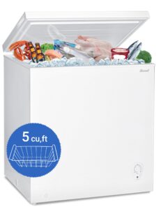 smad 5.0 cu ft chest freezer with removable basket free standing compact freezer with adjustable temperature top open door deep freezer ideal for apartment garage basement office rv and kitchen, white