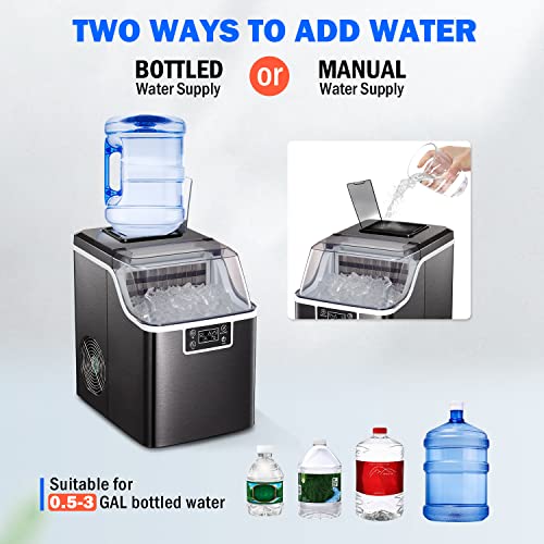 COWSAR Ice Maker Machine Countertop, 2 Ways to Add Water, 45 Lbs/24H, 24 Pcs/13 Mins, Adjustable ice thicknes, Self-Cleaning Portable Ice Maker with Ice Scoop & Basket