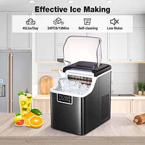 COWSAR Ice Maker Machine Countertop, 2 Ways to Add Water, 45 Lbs/24H, 24 Pcs/13 Mins, Adjustable ice thicknes, Self-Cleaning Portable Ice Maker with Ice Scoop & Basket