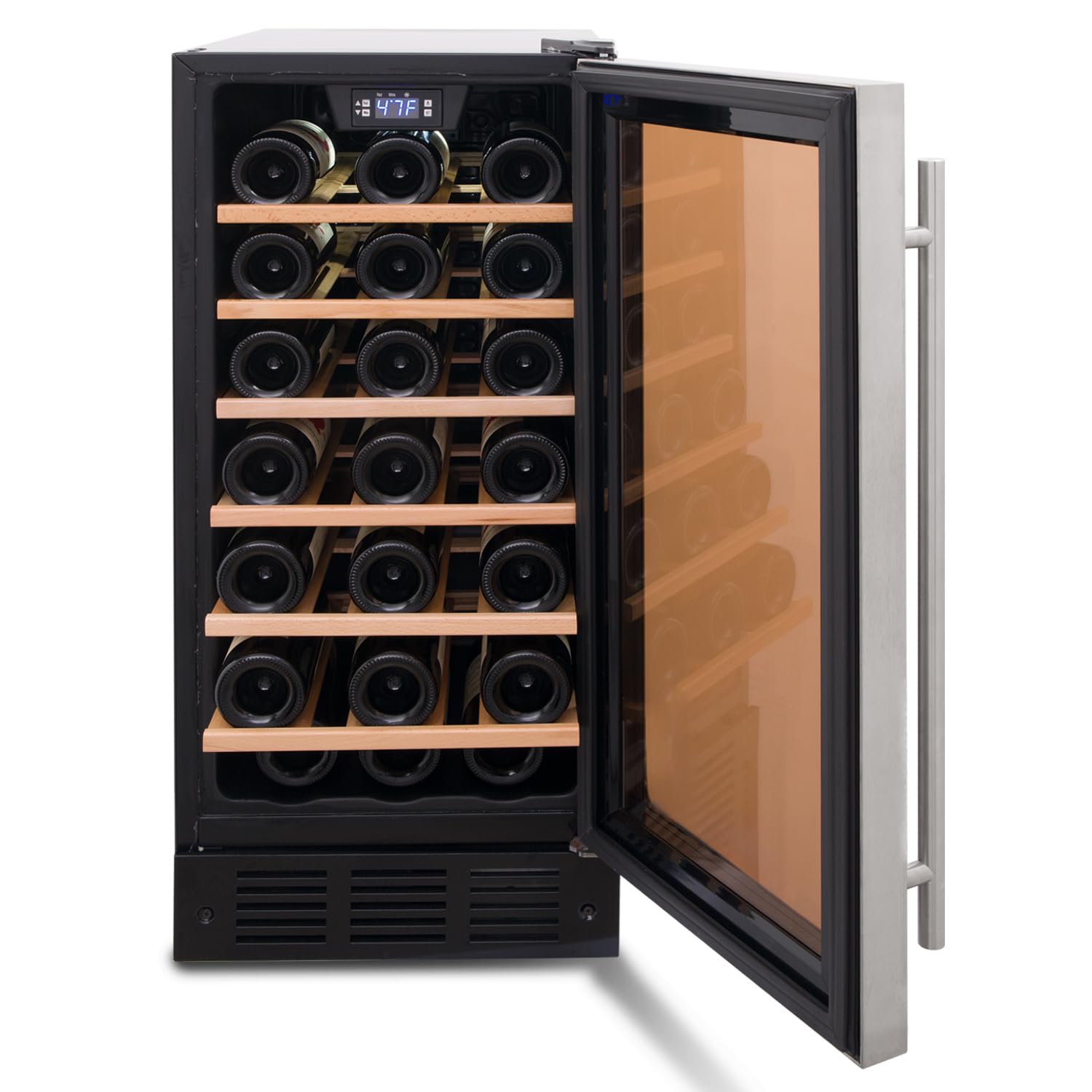 Under Counter Wine Cooler 15 Inch Wide, 33 Bottle Wine Fridge Refrigerator Built In/Freestanding, Under Cabinet Glass Door Stainless Steel Black Wine and Beverage Cellar For Home Bar With LED