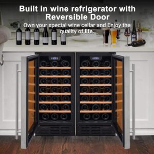 Under Counter Wine Cooler 15 Inch Wide, 33 Bottle Wine Fridge Refrigerator Built In/Freestanding, Under Cabinet Glass Door Stainless Steel Black Wine and Beverage Cellar For Home Bar With LED