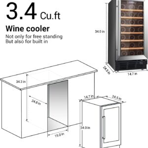Under Counter Wine Cooler 15 Inch Wide, 33 Bottle Wine Fridge Refrigerator Built In/Freestanding, Under Cabinet Glass Door Stainless Steel Black Wine and Beverage Cellar For Home Bar With LED
