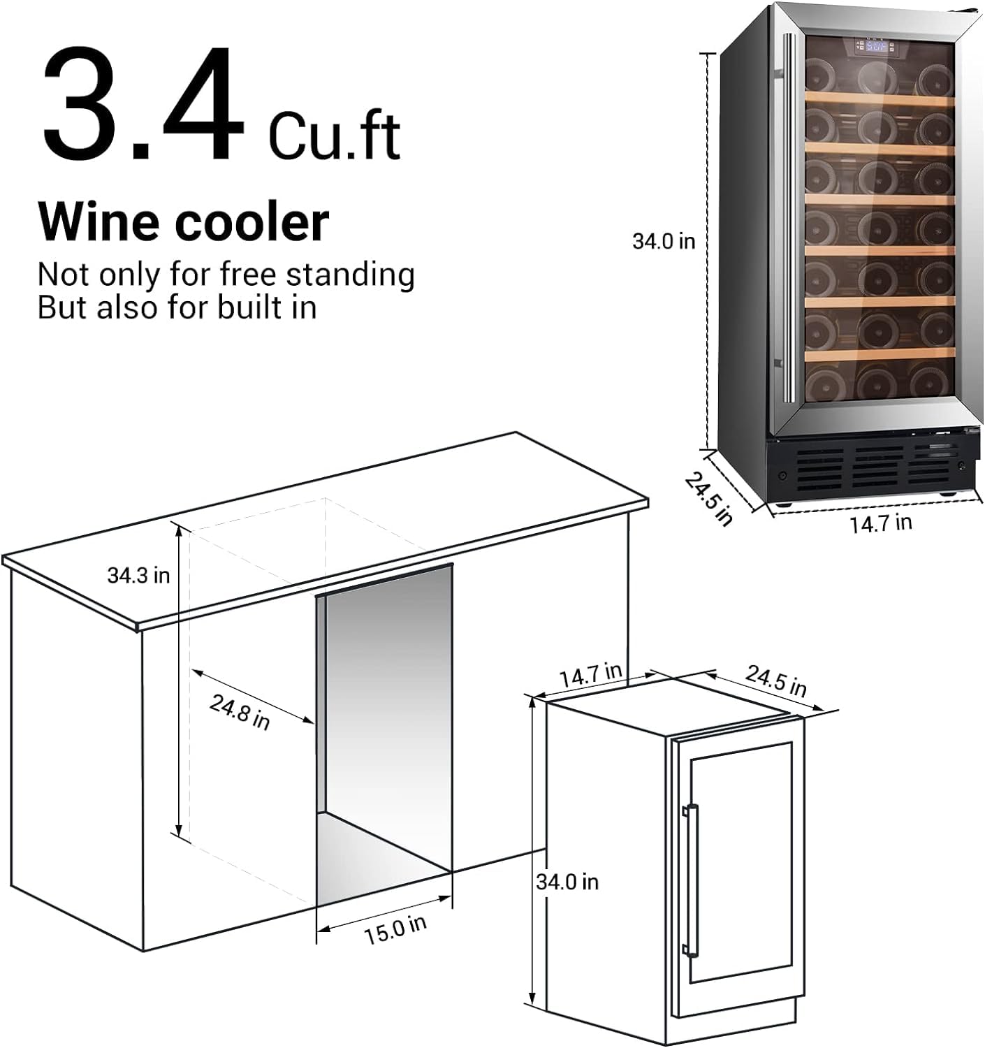 Under Counter Wine Cooler 15 Inch Wide, 33 Bottle Wine Fridge Refrigerator Built In/Freestanding, Under Cabinet Glass Door Stainless Steel Black Wine and Beverage Cellar For Home Bar With LED