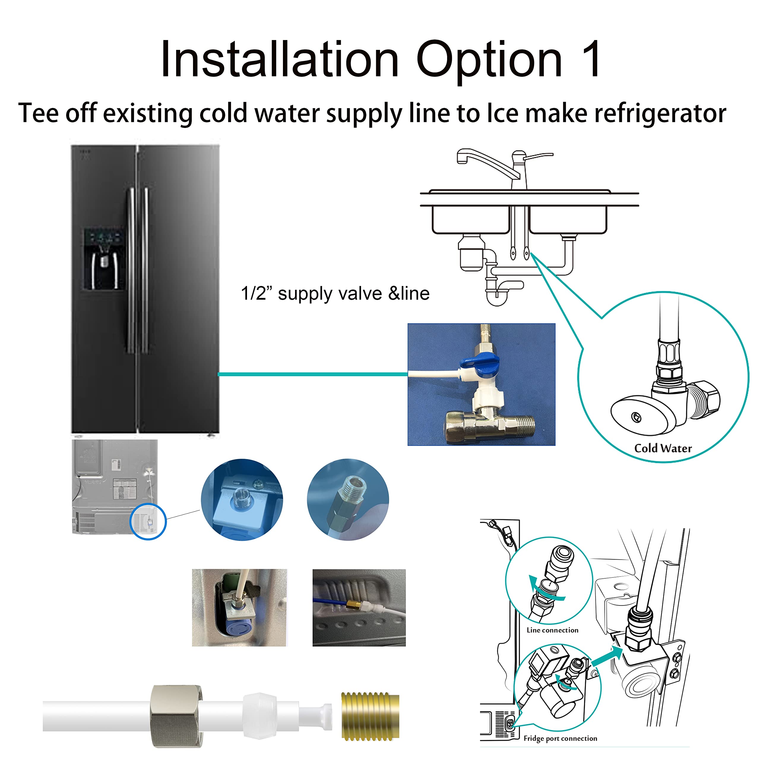 EZRODI All-in-One Ice Maker Water Line kit Do-It-Yourself Fridge Water Line Connection Kit, Clear, 1/2 inch Cold Water Supply Line