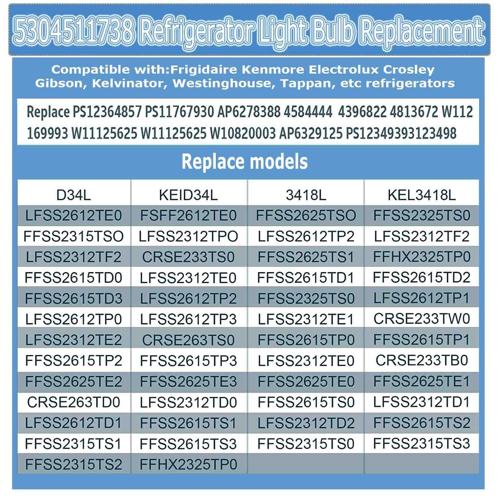 Yooank 𝙐𝙥𝙜𝙧𝙖𝙙𝙚𝙙 𝗞𝗘𝗜 𝗗𝟯𝟰𝗟 𝗥𝗲𝗳𝗿𝗶𝗴𝗲𝗿𝗮𝘁𝗼𝗿 𝗕𝘂𝗹𝗯 Replacement for Electrolux Frigidaire Refrigerator LED Light Bulb 5304511738 AP6278388 (85V-265V White Light) - 2 Pack